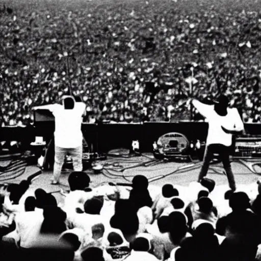 Image similar to public enemy the hip hop group playing at woodstock 1969 on stage