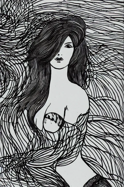 Image similar to ink lineart drawing of beautiful woman by the beach, white background, etchings by goya, chinese brush pen illustration, high contrast, deep black tones, contour