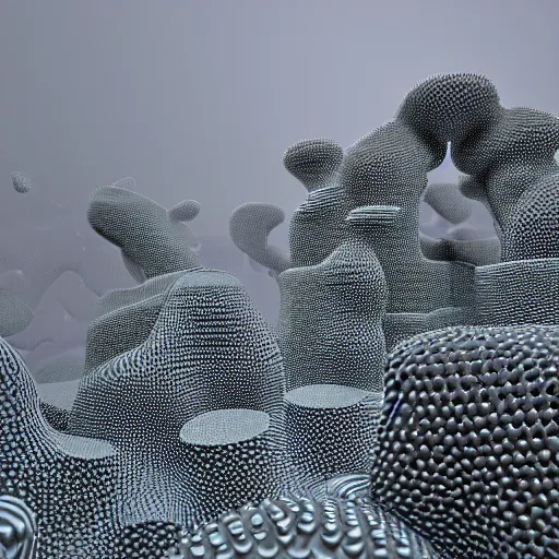 Image similar to photorealistic 3 d rendering of 3 d cellular automata. highly detailed octane render and vray with natural light and organic colours, mist, smoke, mistical rays of light, volumetric lighting, raytracing, unreal engine