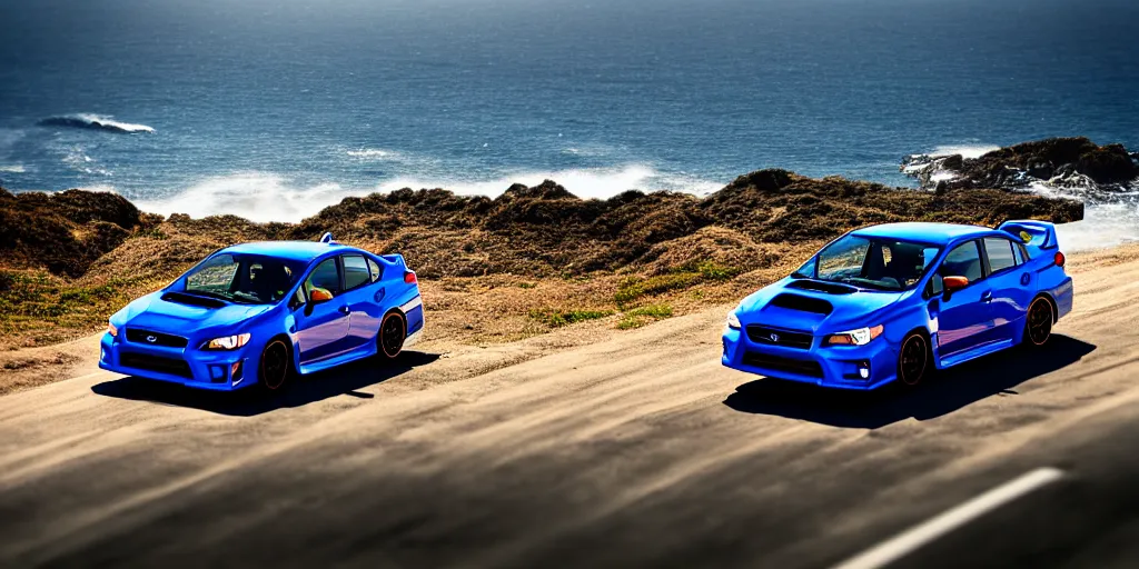 Prompt: photograph, 2013 Subaru WRX STi, hatchback, cinematic, california coast, ocean view, 8k, depth of field, bokeh.