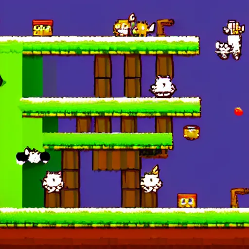 Prompt: a 2 d sprite platformer where a cat is jumping,