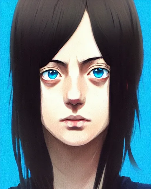 Image similar to portrait Anime kaya scodelario, skins, cute-fine-face, black-hair, blue eyes, pretty face, realistically shaded, Perfect face, fine details. Anime. skins, realistic shaded lighting by Ilya Kuvshinov, katsuhiro otomo, ghost-in-the-shell, magali villeneuve, artgerm, rutkowski, WLOP