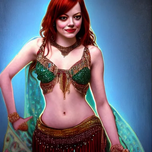 Image similar to a photorealistic portrait of actress emma stone dressed as a belly dancer, arabian night, high quality, fully detailed, 4 k, in focus sharp face with fine details, realistic hands and anatomical composition, inspired by belly dancer on youtube, alphonse mucha, masterpiece, stunning