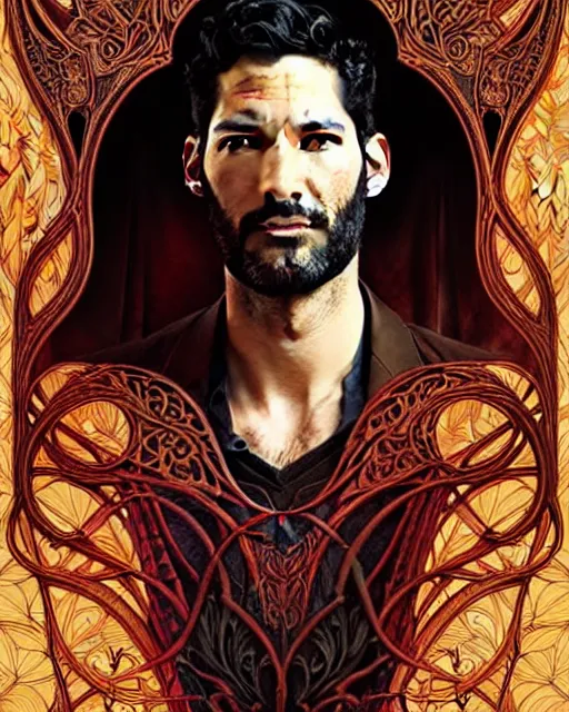 Image similar to tom ellis ( lucifer ) portrait sitting in a burning chair, art nouveau, fantasy, intricate flower designs, elegant, highly detailed, sharp focus, art by artgerm and greg rutkowski and wlop