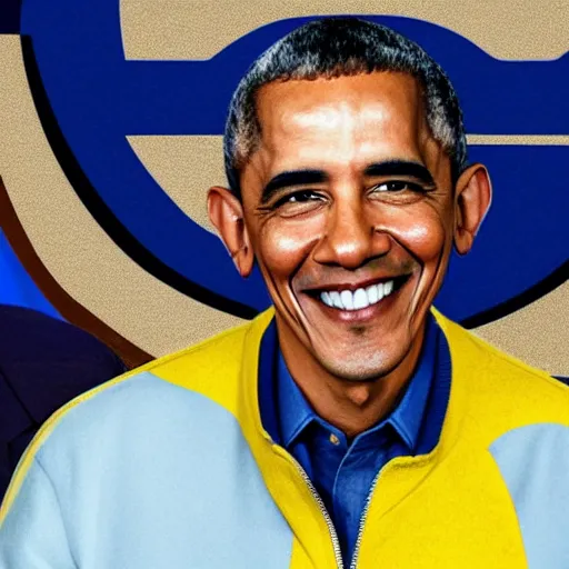 Prompt: realistic photo of casual barack obama wearing a royal blue varsity jacket with yellow sleeves