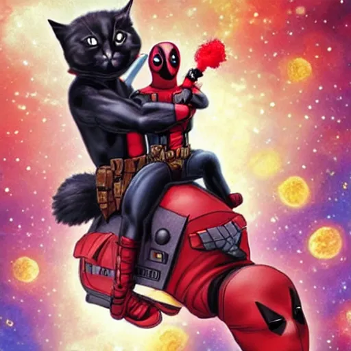 Prompt: deadpool riding on fluffy cat in space
