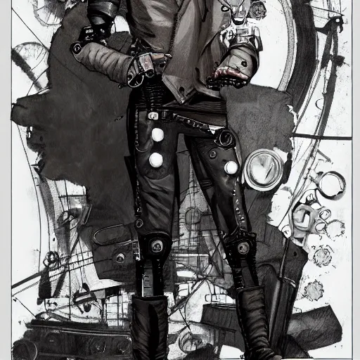 Prompt: cyborg male, slim, short hair, small scar on the chin, leather jacket with steampunk elements, one robotic arm and big shoes, book cover, deep shadows, by Dave McKean sketch lineart for character design