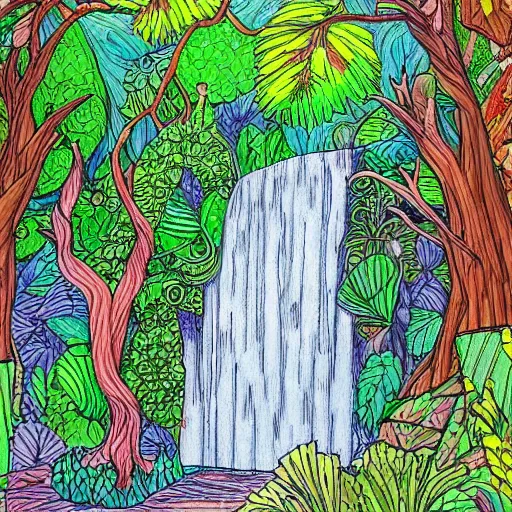 Image similar to an adult coloring page of a waterfall in the enchanted forest, light detail