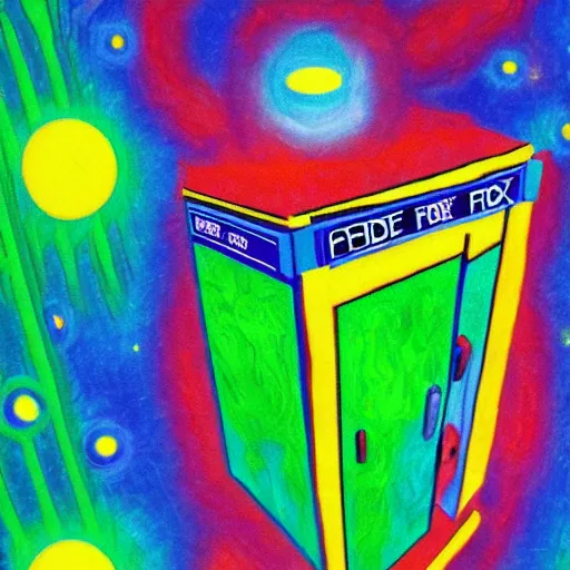 Prompt: A psychedelic fauvism painting of the TARDIS flying through a space-time vortex