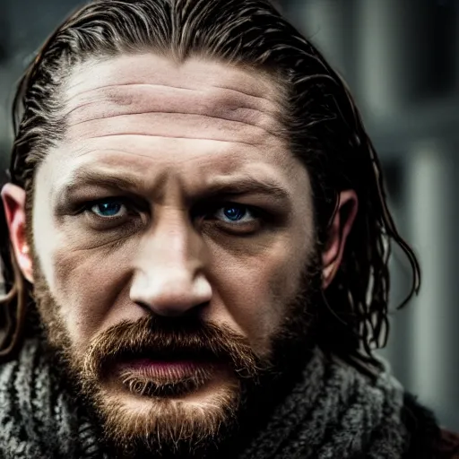 Prompt: A cinematic film still of Tom Hardy starring as Eddard Stark, portrait, 40mm lens, shallow depth of field, close up, split lighting, cinematic