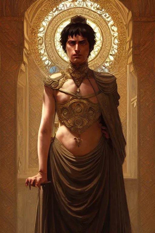 Image similar to ancient rome emperor, realistic portrait full body, symmetrical, highly detailed, digital painting, artstation, concept art, smooth, sharp focus, illustration, cinematic lighting, art by artgerm and greg rutkowski and alphonse mucha