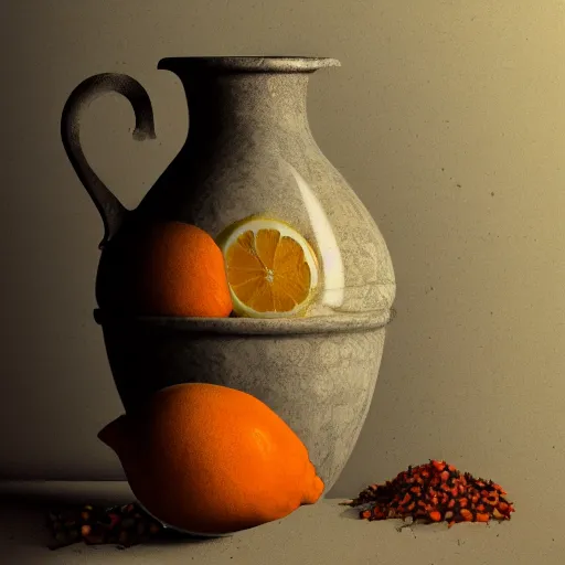 Image similar to still art, antique jug with palms inside, old candle, much vegetables, lemon, orange, pepper, cinematic light, detailed, digital art, concept art, trending on artstation, highly detailed, intricate, sharp focus, digital art, 8 k