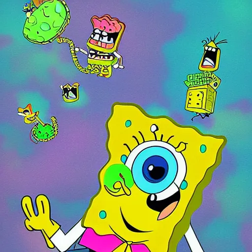 Image similar to spongebob squarepants in an abstract world with weed clouds, digital art, amazing detail, by Lulu Chen