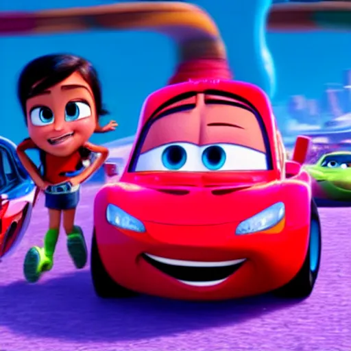 Prompt: vanellope racing lightning mcqueen in movie ralph breaks the internet