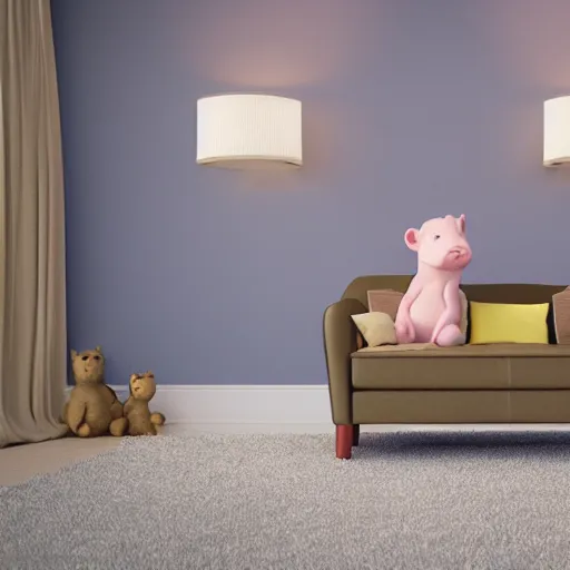 Image similar to a baby hippo pony live in a cozy house and watch tv in the family room. 3 d render.