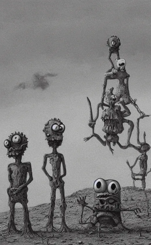 Image similar to spongebob squarepants in style of zdzisław beksinski, standing in wasteland, horror art, creepy, desolate