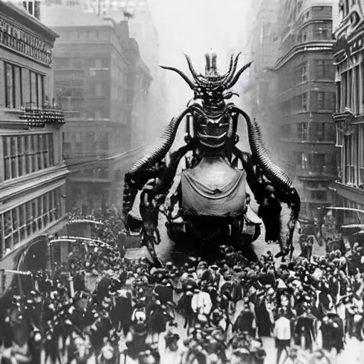 Image similar to old black and white photo, 1 9 1 3, depicting a giant biomechanical alien monster kaiju robot fighting tanks through the bustling streets of new york city, historical record