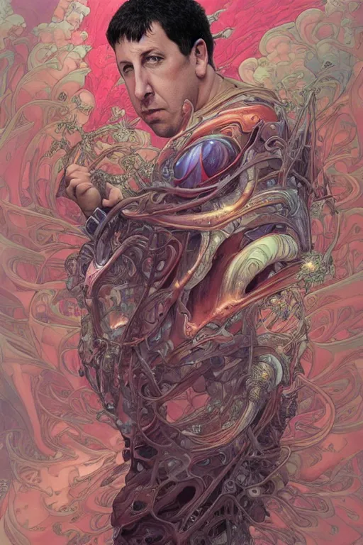 Prompt: adam sandler, by artgerm and yoshitaka amano and moebius and hr giger and zdislaw beksinski and alphonse mucha, hyperdetailed, symmetry, glamour, surreal, dc comics, ornate, stunning, nebula, explosions in the sky, trending on artstation