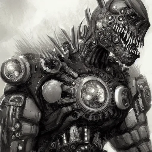 Image similar to monster cyborg, black and white, art by robotpencil