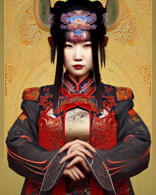 Image similar to portrait of a chinese cyberpunk machine, machine face, upper half portrait, decorated with chinese opera motifs, regal, asian, fine china, wuxia, traditional chinese art intricate intense elegant 京 剧 highly detailed digital painting artstation concept art smooth sharp focus illustration, art by artgerm and greg rutkowski alphonse mucha 8 k