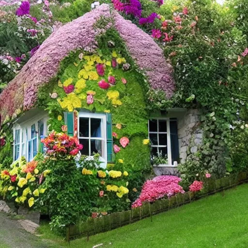 Prompt: A house with a large flower garden and two trees full of apples and pears, top post of all time on /r/curiousplaces subreddit