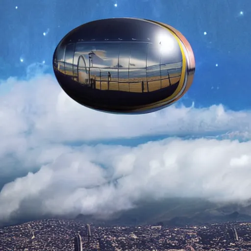 Image similar to an inflated stainless steel chrome gondola in the clouds, solarpunk