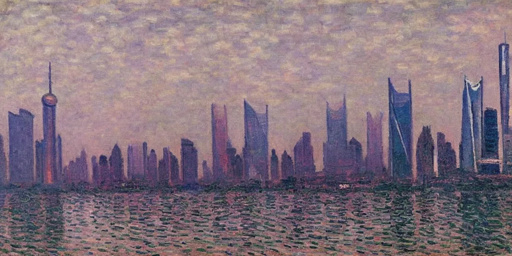 Image similar to an oil painting of Lujiazui, Shanghai, by Oscar-Claude Monet