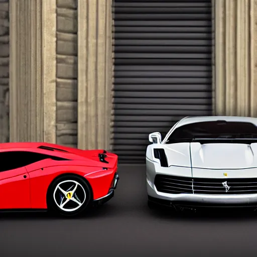 Image similar to realistic photographie lamborgini luxury mix with ferrari inside platique toy box