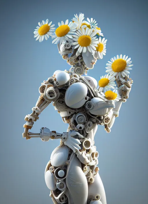 Image similar to biomechanical marble statue carrying a bottle of perfume covered in daisies, up close shot, sharp focus, global illumination, radiant light, alexandre ferra white mecha, irakli nadar, octane highly render, 4 k, ultra hd,