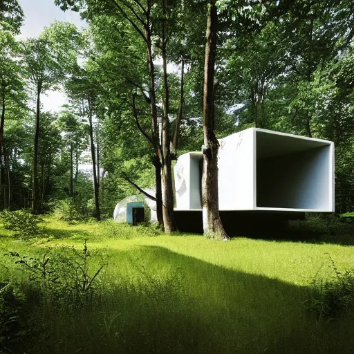 Image similar to architecture photo of futuristic cottage settlement in forest , Alvaro Siza, herzog de meuron, photorealism, high details,