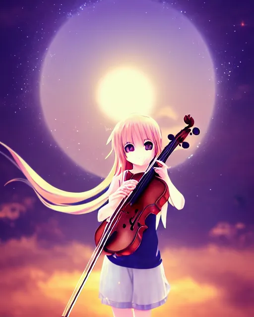 Prompt: anime style, chibi, full body, a cute girl with white skin and golden long wavy hair holding a violin and playing a song, heavenly, stunning, filters applied, lunar time, trending art, sharp focus, centered, landscape shot, happy, fleeting dream, simple background, studio ghibly makoto shinkai yuji yamaguchi, by wlop