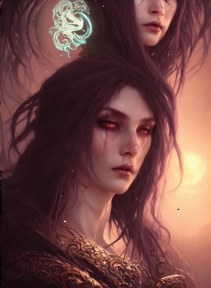 Image similar to Necromancer Sorceress face close-up in center, fantasy magic, undercut hairstyle, dark light night, intricate, elegant, sharp focus, illustration, highly detailed, digital painting, concept art, matte, art by WLOP and Artgerm and Greg Rutkowski and Alphonse Mucha, masterpiece