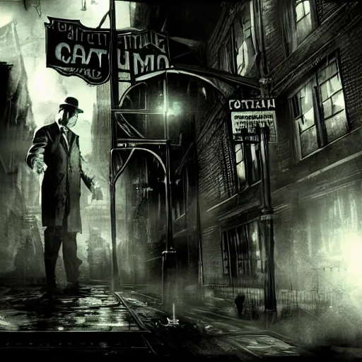 Prompt: a detective in arkham city in the 1 9 2 0's, lovecraftian, noir, concept art, extremely detailed, eerie, art lighting