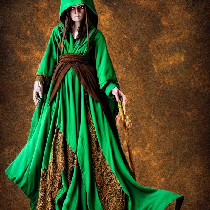 Image similar to full length photo of a very beautiful!! elemental earth witch with ornate green and brown robes, highly detailed, 4 k, hdr, smooth, sharp focus, high resolution, award - winning photo