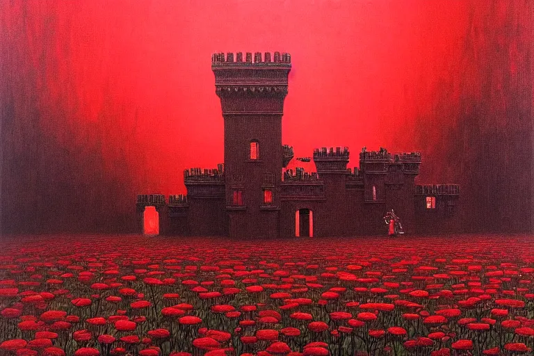 Image similar to only with red, red flowers of different types, red castle in background, red medieval goblins, in the style of beksinski, parts by edward hopper, parts by rodcenko, parts by yue minjun, intricate and epic composition, red by caravaggio, insanely quality, highly detailed, masterpiece, red light, artstation, 4 k