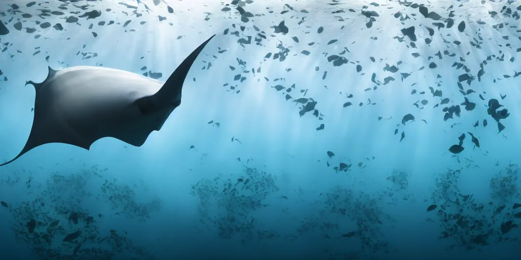 Image similar to hyperrealistic underwater photography, panoramic picture of an ocean floor with in the distance one single manta ray. focus on the manta ray. the manta ray is anatomically correct and highly detailed. the eyes are intricately detailed. there are lots of bubbles. seaweed and some rocks. gloomy scattered light entering from the water surface, trending on artstation, hq, 4 k