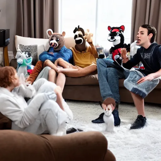 Image similar to a fursuiters in the living room having a heated debate about what show to play on Netflix