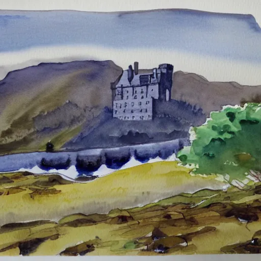 Image similar to beautiful scottish castle mountaintop watercolour mcdonalds resteraunt