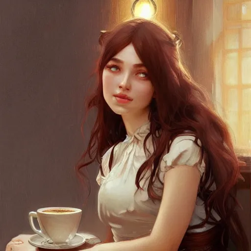 Prompt: cute girl with detailed face, sitting across the room from you, at a coffee shop, drinking a strawberry latte, evening, low lighting, highly detailed, artstation, 4k, amazing quality, art by Artgerm and Greg Rutkowski and Alphonse Mucha