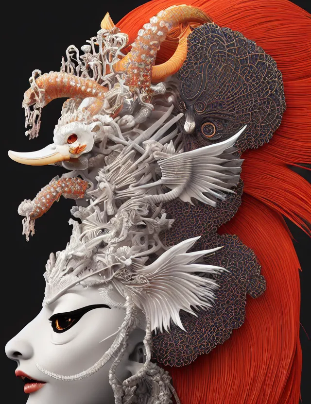 Image similar to 3 d goddess close - up profile portrait with crown, ram skull. beautiful intricately detailed japanese crow kitsune mask and clasical japanese kimono. betta fish, jellyfish phoenix, bio luminescent, plasma, ice, water, wind, creature, artwork by tooth wu and wlop and beeple and greg rutkowski