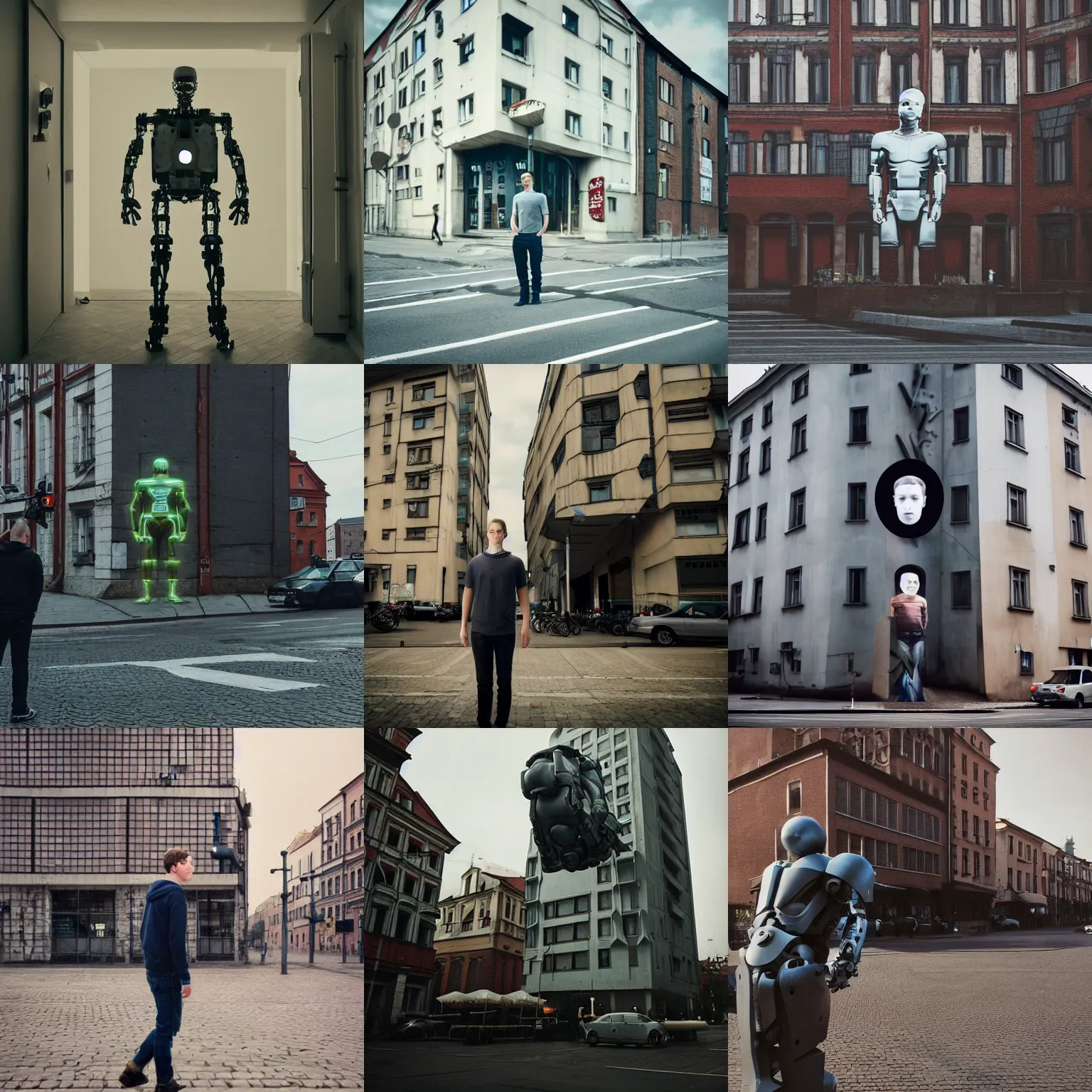 Prompt: legnica. medium shot. giant cyborg cybernetic mark zuckerberg damaged cyborg, in legnica, full body, cinematic focus, polaroid photo, vintage, neutral dull colors, soft lights, by oleg oprisco, by thomas peschak, by discovery channel, by victor enrich, by gregory crewdson