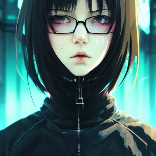 Image similar to by kyoto animation, cool girl wearing cyberpunk intricate streetwear, beautiful, detailed symmetrical close up portrait, intricate complexity, in the style of artgerm and ilya kuvshinov, cell shaded, 4 k, concept art, by wlop, krenz cushart, greg rutkowski, pixiv. cinematic dramatic atmosphere, cinematic lighting, studio quality