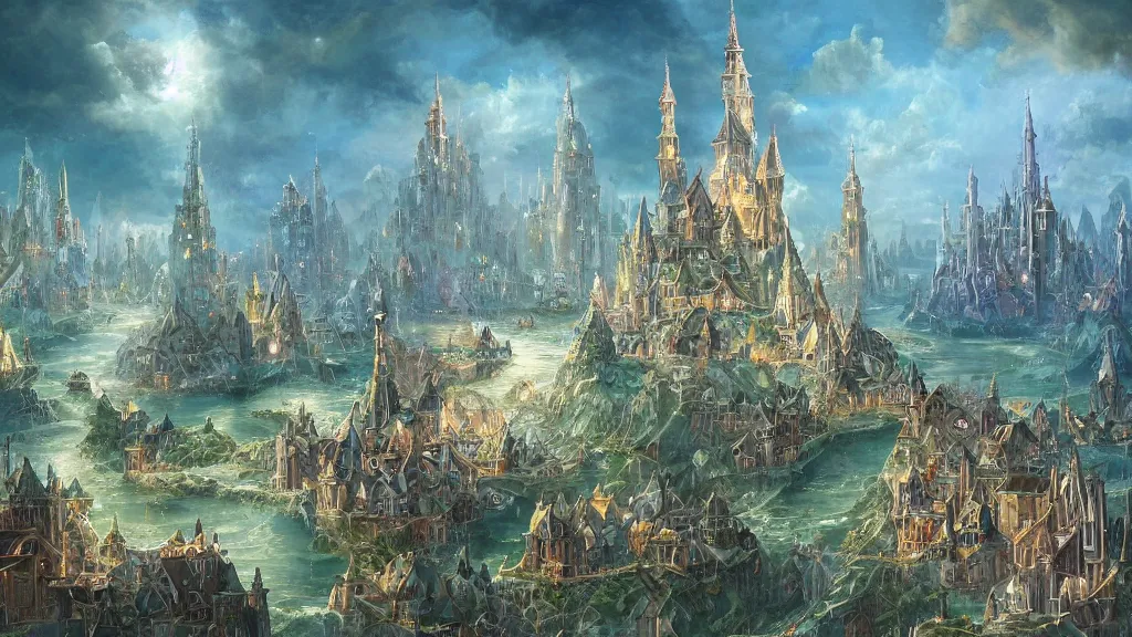 Image similar to fantasy floating city made of crystals sapphires jade and crystals, medieval, cinematic, architecture visualisation, academic painting, oil, landscaoe