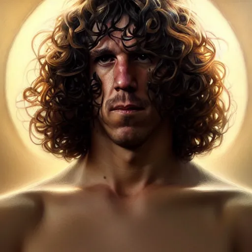 Image similar to Carles Puyol, closeup, D&D, fantasy, intricate, elegant, highly detailed, digital painting, artstation, concept art, matte, sharp focus, illustration, art by Artgerm and Greg Rutkowski and Alphonse Mucha