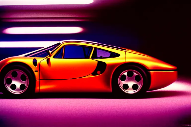 Image similar to designed by giorgetto giugiaro stylized poster of a single 9 5 9 concept, thick neon lights, ektachrome photograph, volumetric lighting, f 8 aperture, cinematic eastman 5 3 8 4 film