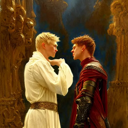 Image similar to attractive arthur pendragon in love with attractive male merlin the mage. they are in love. highly detailed painting by gaston bussiere, craig mullins, j. c. leyendecker