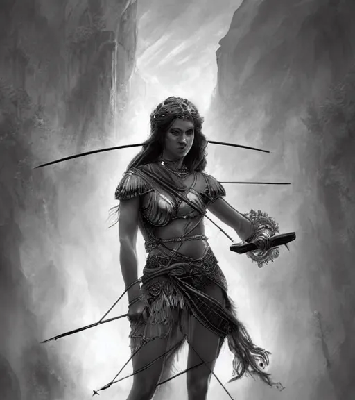 Image similar to beautiful young aphrodite goddess as an archer warrior, realistic face, beautiful eyes, black and white drawing, in the style of greg rutkowski, fantasy, amazing detail, epic, intricate, elegant, smooth, sharp focus