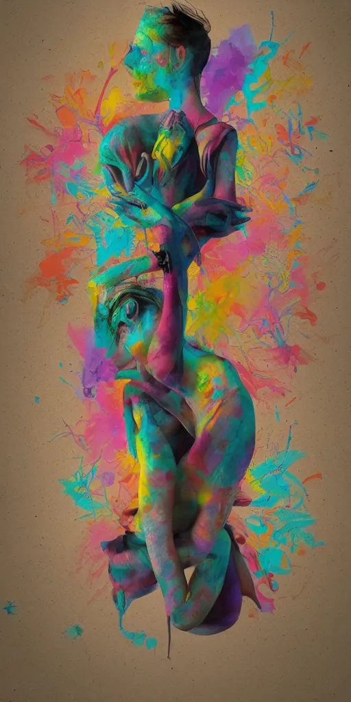 Image similar to Esao Andrews, minimalistic graffiti masterpiece, minimalism, 3d abstract render overlayed, black background, psychedelic therapy, trending on ArtStation, ink splatters, pen lines, incredible detail, creative, positive energy, happy, unique, negative space, face, Gertrude Abercrombie