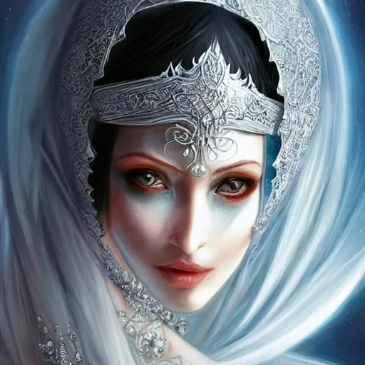 Image similar to a beautiful woman wearing a white niqab made of silver with jewelry and diamonds by alex gray and android jones, karol bak, ayami kojima, arabian, concept art, fantasy