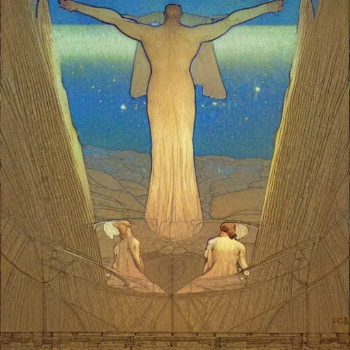 Prompt: the angelus by jean francois millet, division bell album cover, art by alfons mucha - ralph mcquarrie - francois schuiten